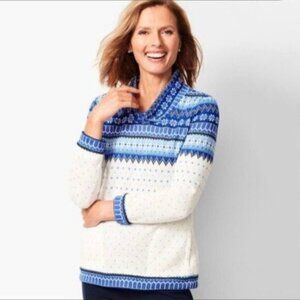 Talbots Blue Knit Fair Isle Pullover Sweater Fleece Lined